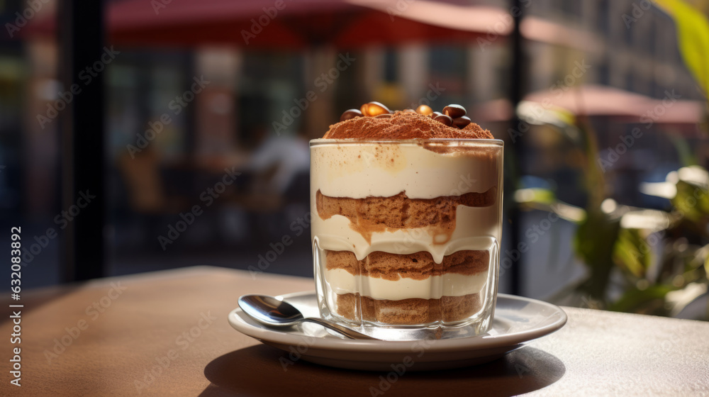 Classic tiramisu in a glass jar in Italian cafe. Traditioanal italian dessert.