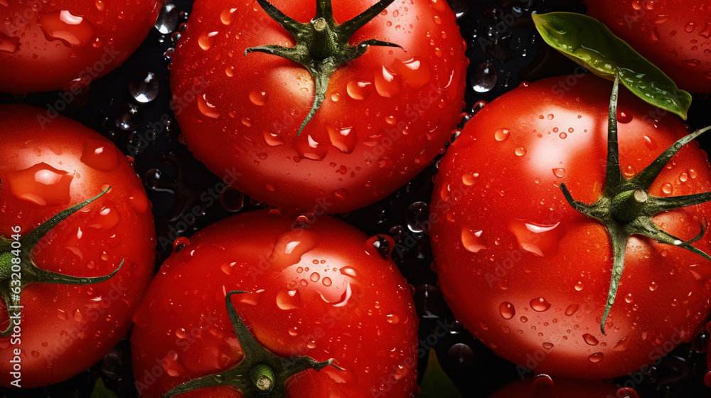 Fresh red tomatoes with water drops background. Vegetables backdrop. Generative AI