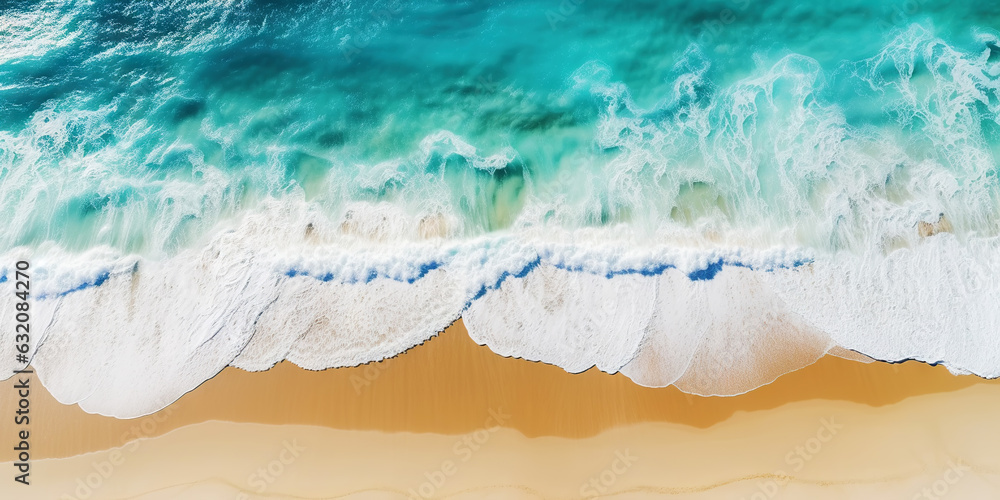 Top view oncoast with ocean waves. Blue water background. Summer seascape from air. Generative AI