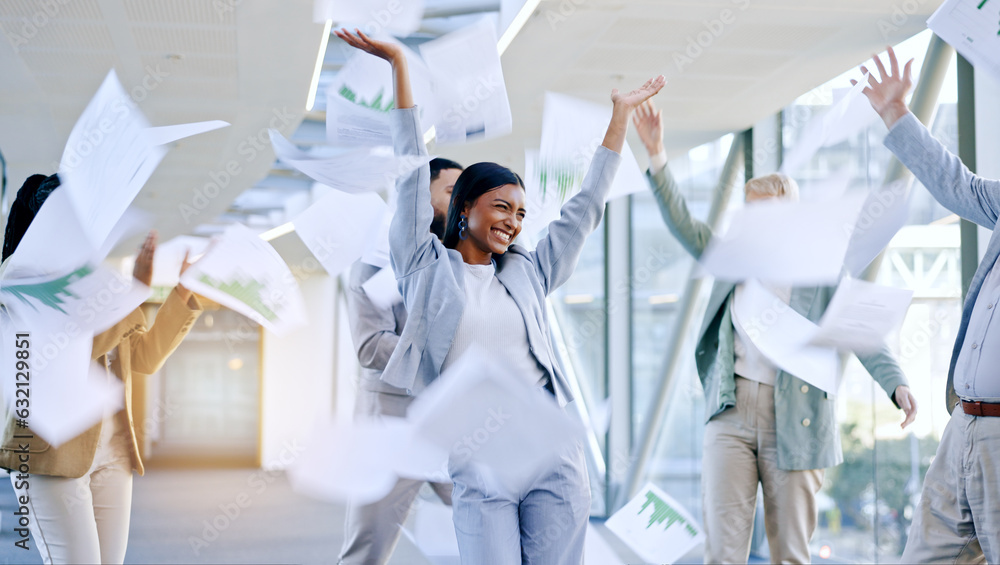 Documents in air, celebration and business people dance in office for achievement, winner and goals.