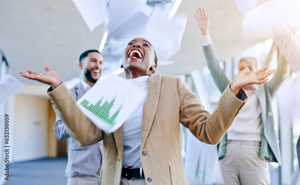 Documents in air, celebration and business people dance in office for achievement, winner and goals.