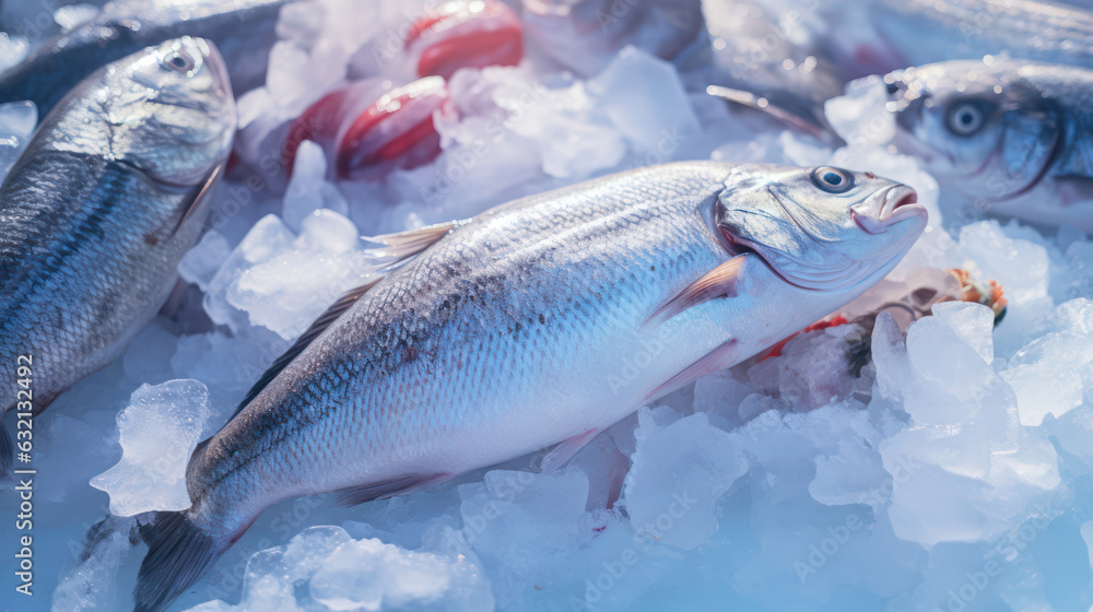  Freshly caught fish on a bed of ice at a local market 