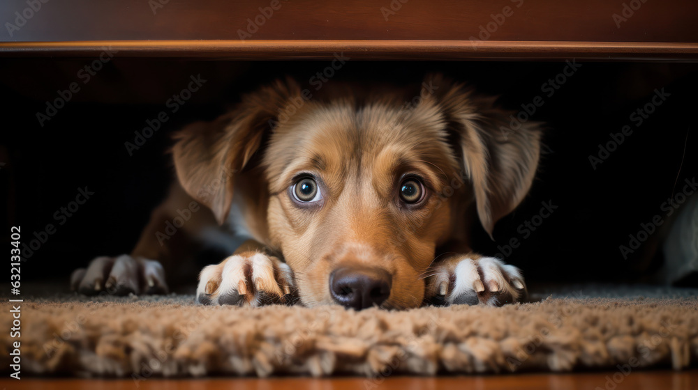 Puppy hiding under the bed with fear face