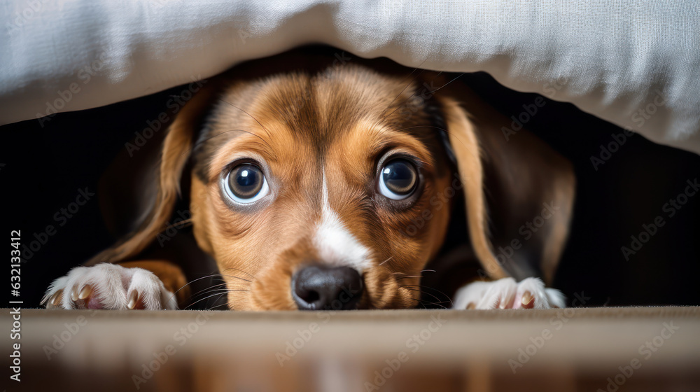 Puppy hiding under the bed with fear face