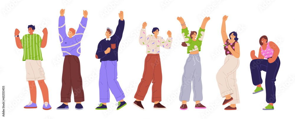 Men and women cheering and celebrating victory, flat cartoon vector illustration set. Isolated winne