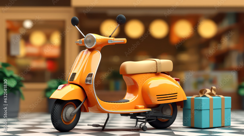 3D render. Shopping Online delivery service by scooter.