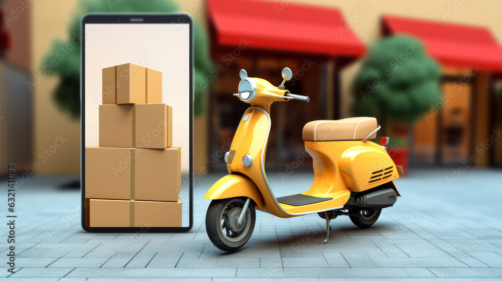 3D render. Shopping Online delivery service on a mobile by scooter.