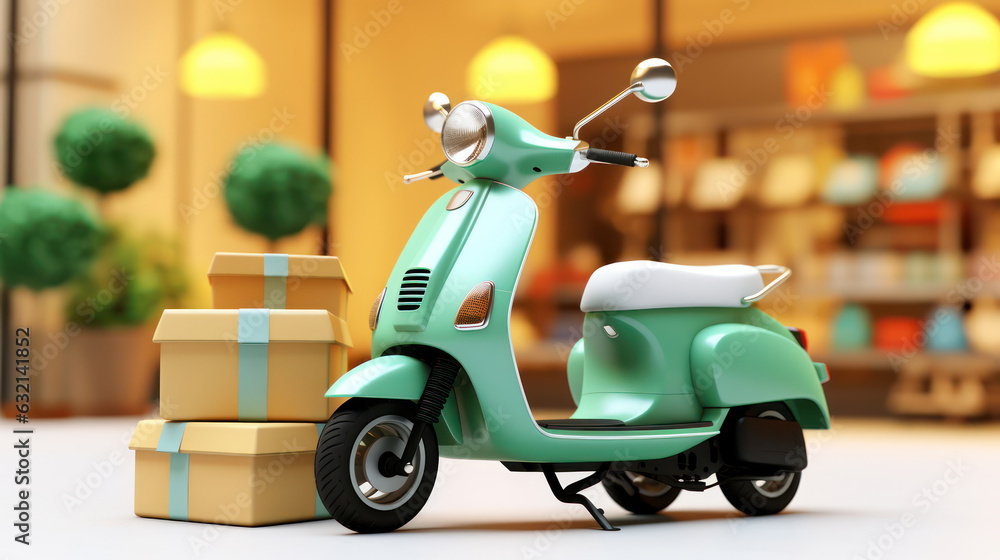 3D render. Shopping Online delivery service by scooter.