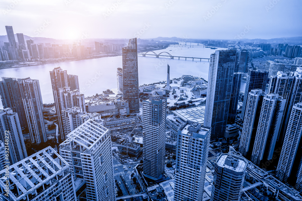 Aviation photography of the urban architectural skyline in Changsha, China