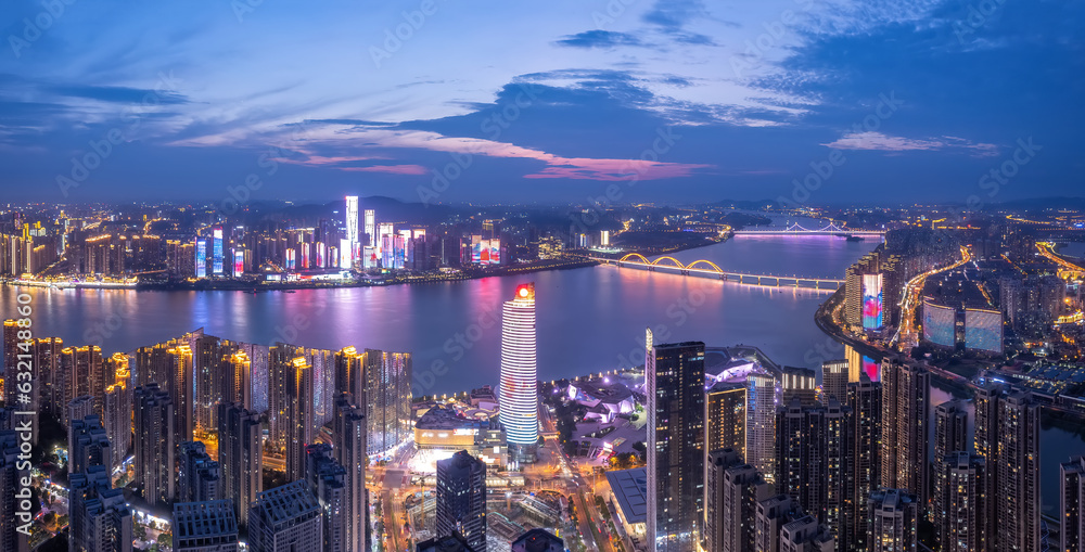 Aviation photography of the night view of the city architecture of Changsha City, China