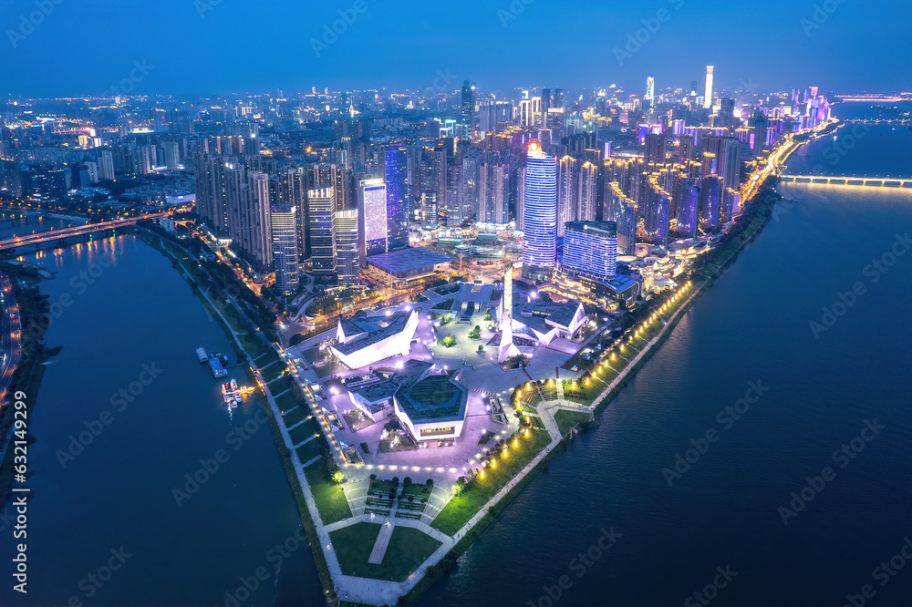 Aviation photography of the night view of the city architecture of Changsha City, China