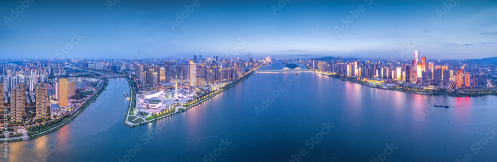 Aviation photography of the night view of the city architecture of Changsha City, China