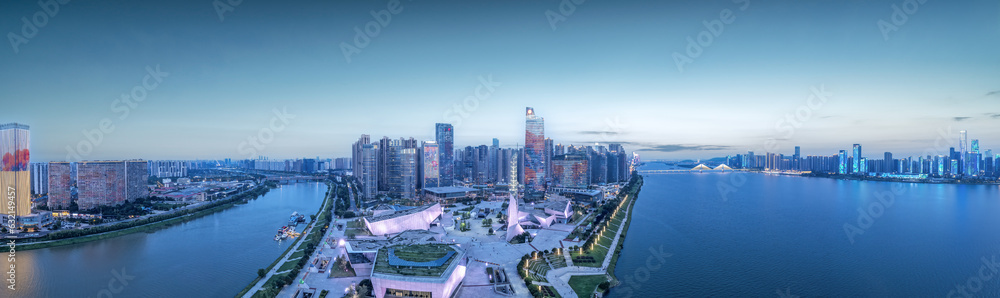 Aviation photography of the night view of the city architecture of Changsha City, China