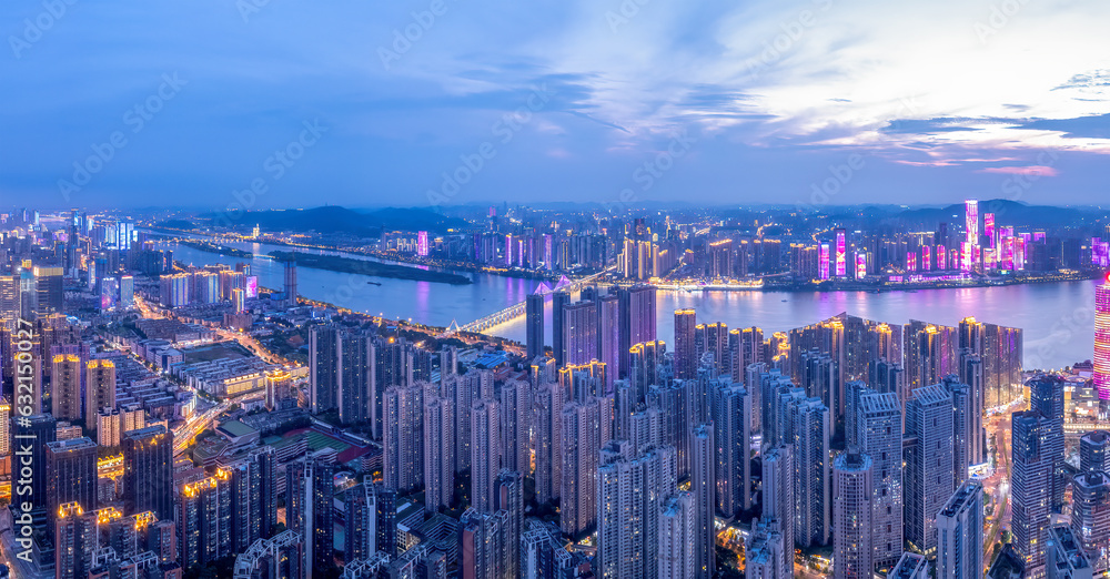 Aviation photography of the night view of the city architecture of Changsha City, China