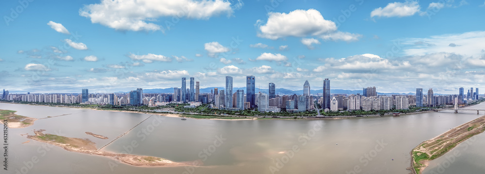 Aerial photography of the architectural landscape skyline on both sides of the Ganjiang River in Nan