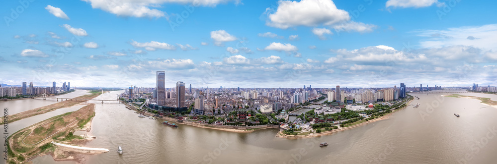 Aerial photography of the architectural landscape skyline on both sides of the Ganjiang River in Nan