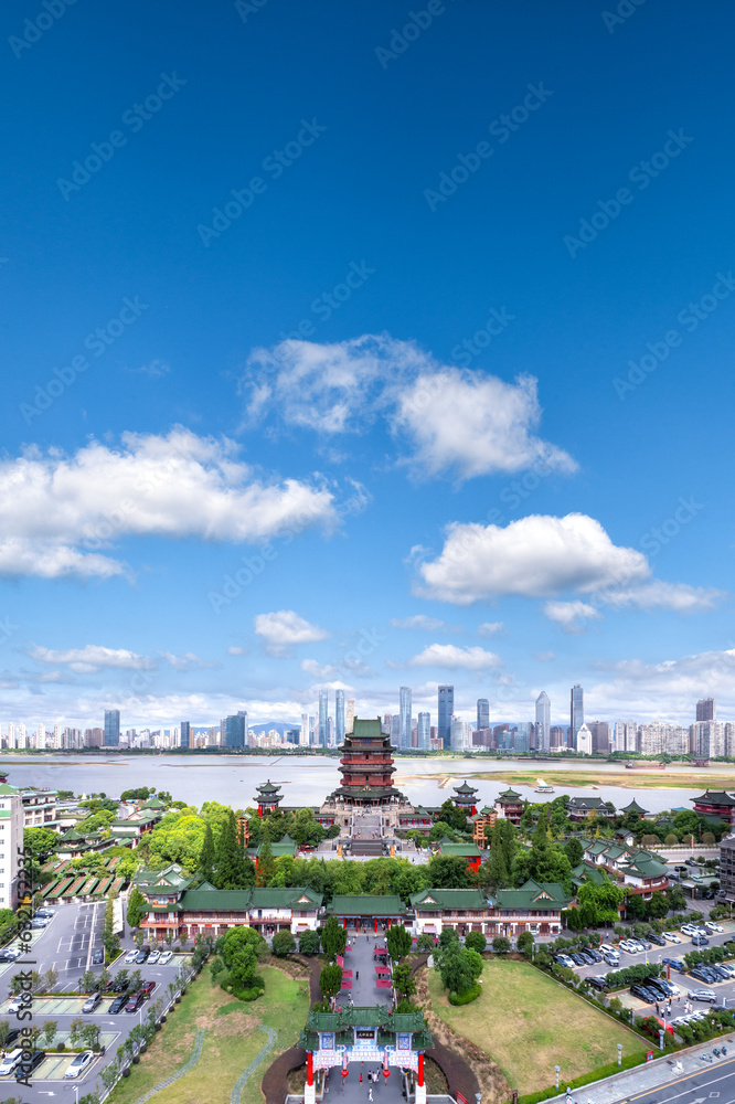 Aerial photography of the architectural landscape skyline on both sides of the Ganjiang River in Nan