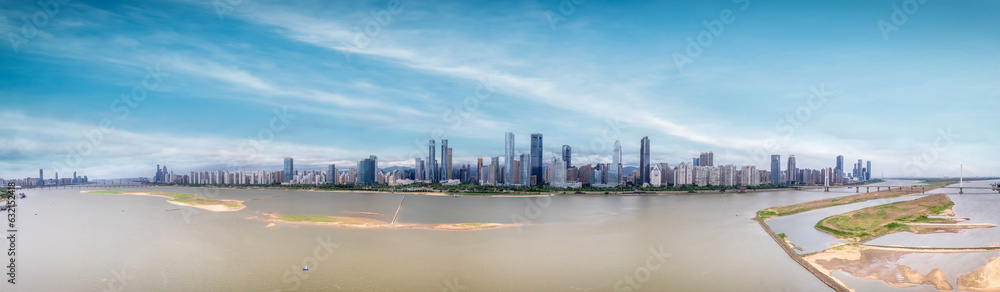 Aerial photography of the architectural landscape skyline on both sides of the Ganjiang River in Nan