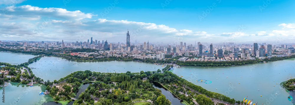 Aerial photography of the skyline of urban architecture along Xuanwu Lake in Nanjing, China