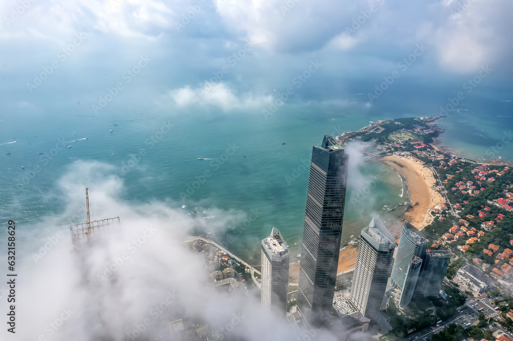 Aerospace Chinese coastal city landscape panoramic view