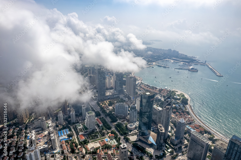 Aerospace Chinese coastal city landscape panoramic view