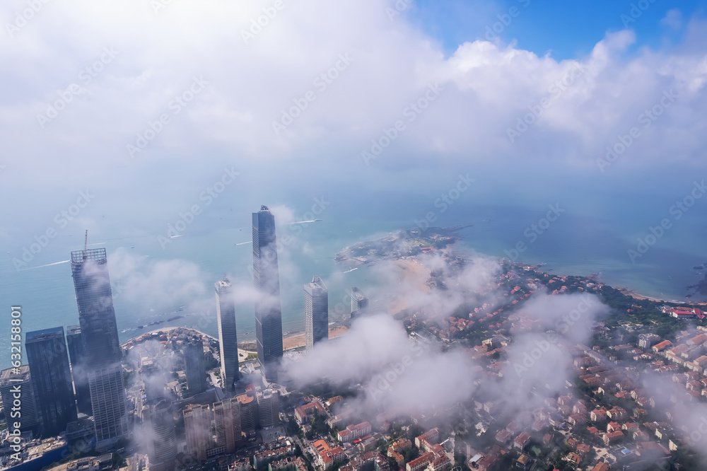 Aerospace Chinese coastal city landscape panoramic view