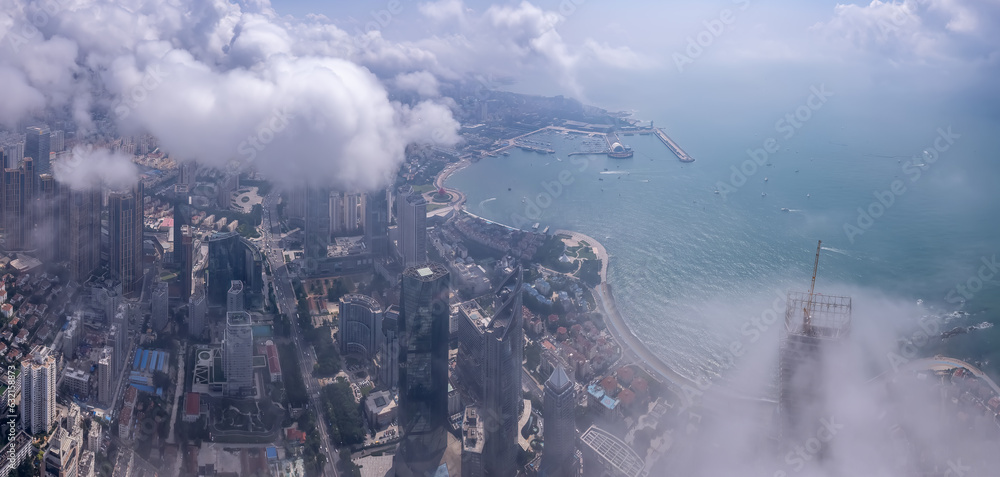 Aerospace Chinese coastal city landscape panoramic view