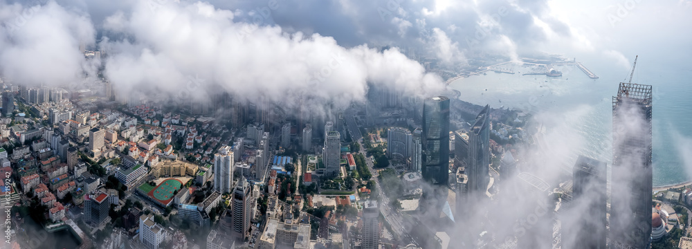 Aerospace Chinese coastal city landscape panoramic view