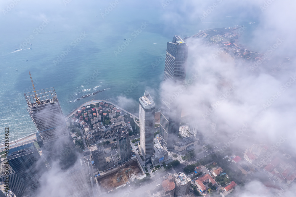 Aerospace Chinese coastal city landscape panoramic view