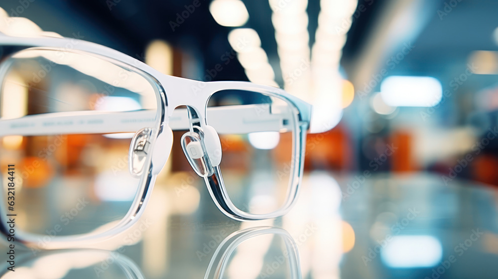 Eyeglasses in white store.