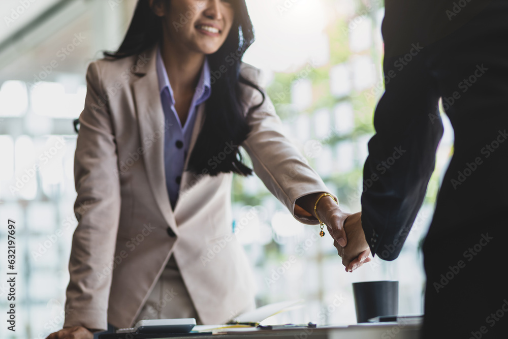 Partner, colleague, businesswoman shaking hands at business meeting, job interview.