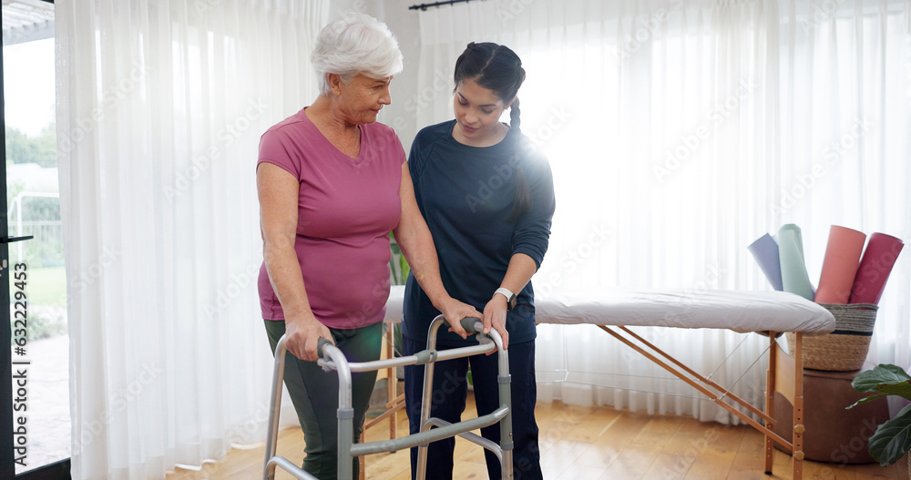 Physiotherapy, senior woman and walking frame support, Physical therapy consultation and muscle heal