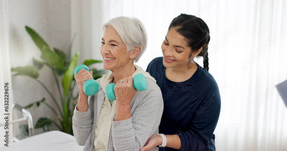 Woman, nurse and dumbbell with senior patient in physiotherapy, exercise or workout at old age home.