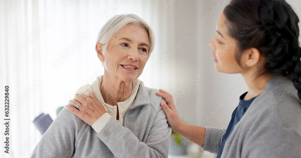 Consultation, physical therapy and senior woman with a nurse in a medical clinic or rehabilitation c