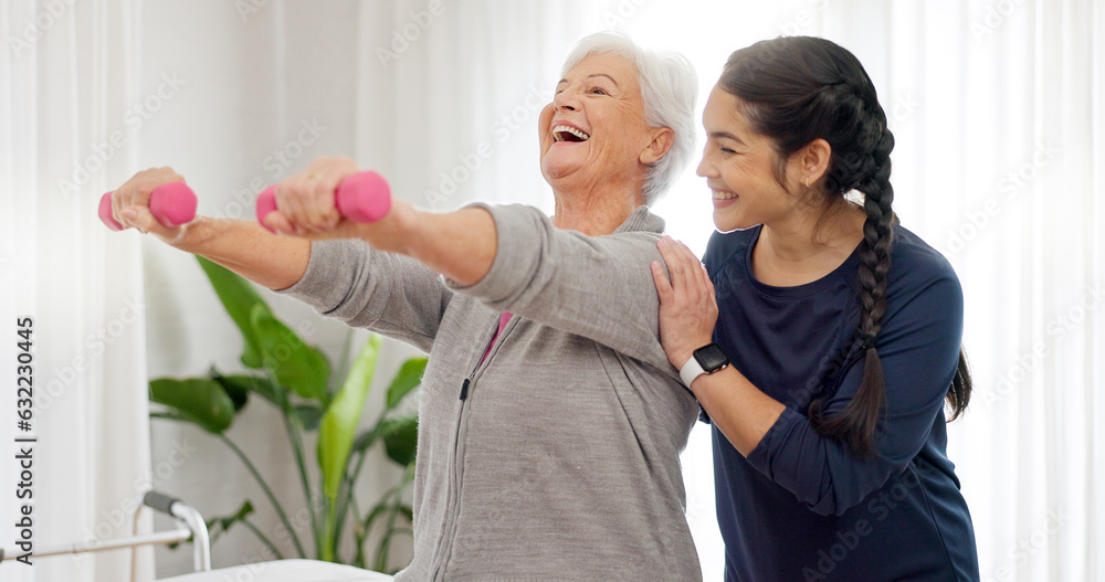 Senior happy woman, dumbbell or physiotherapist consultation, service and retirement support on reco