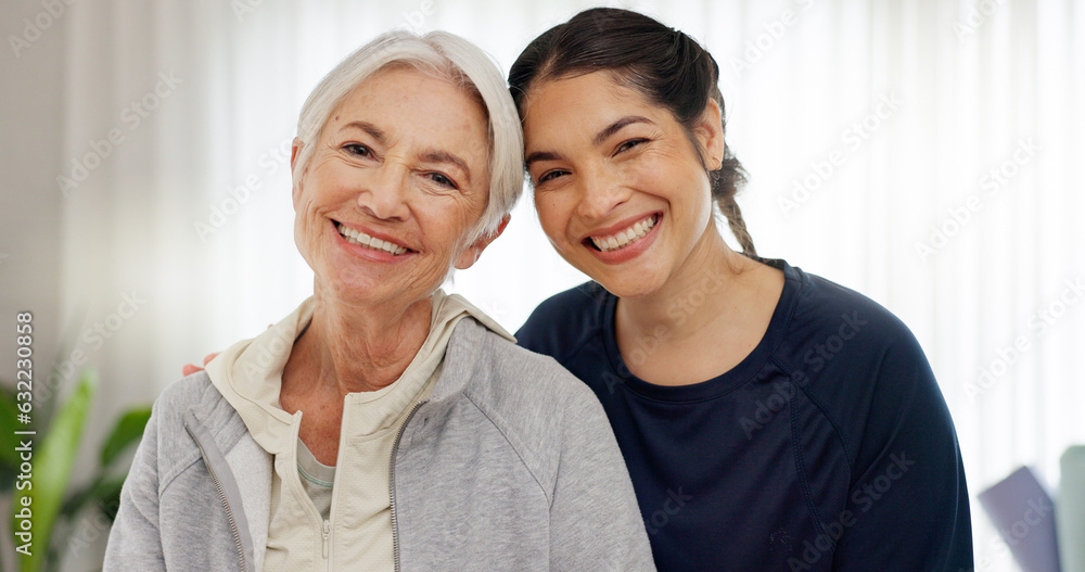 Happy, portrait of mom and grandmother in home with a smile for family, quality time or relax on mot