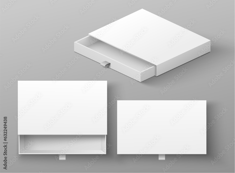 Paper box mockup with ribbon, open and closed package set