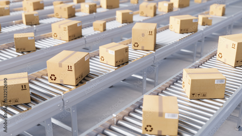 Delivery service, parcels distribution warehouse concept. Parcels Boxes on conveyor roller