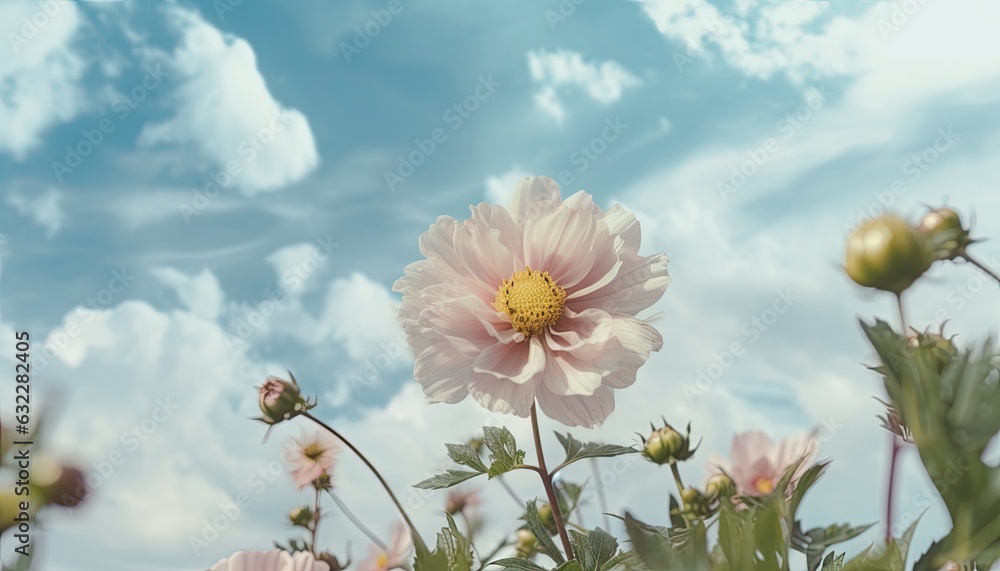 Macro close up photography of flowers on a blue sky background with clouds.