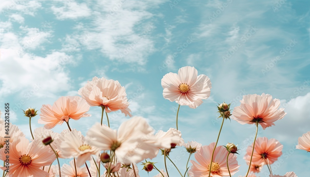 Macro close up photography of flowers on a blue sky background with clouds.