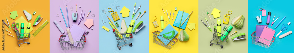 Collage of shopping baskets and carts with school supplies on color background, top view