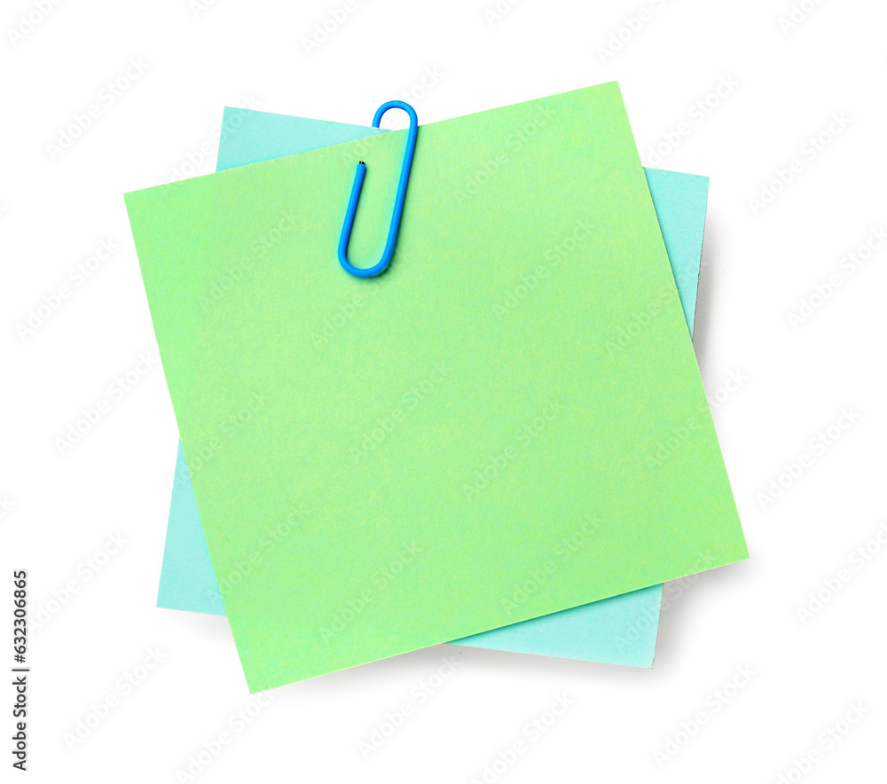 Blue sticky notes with paper clip on white background