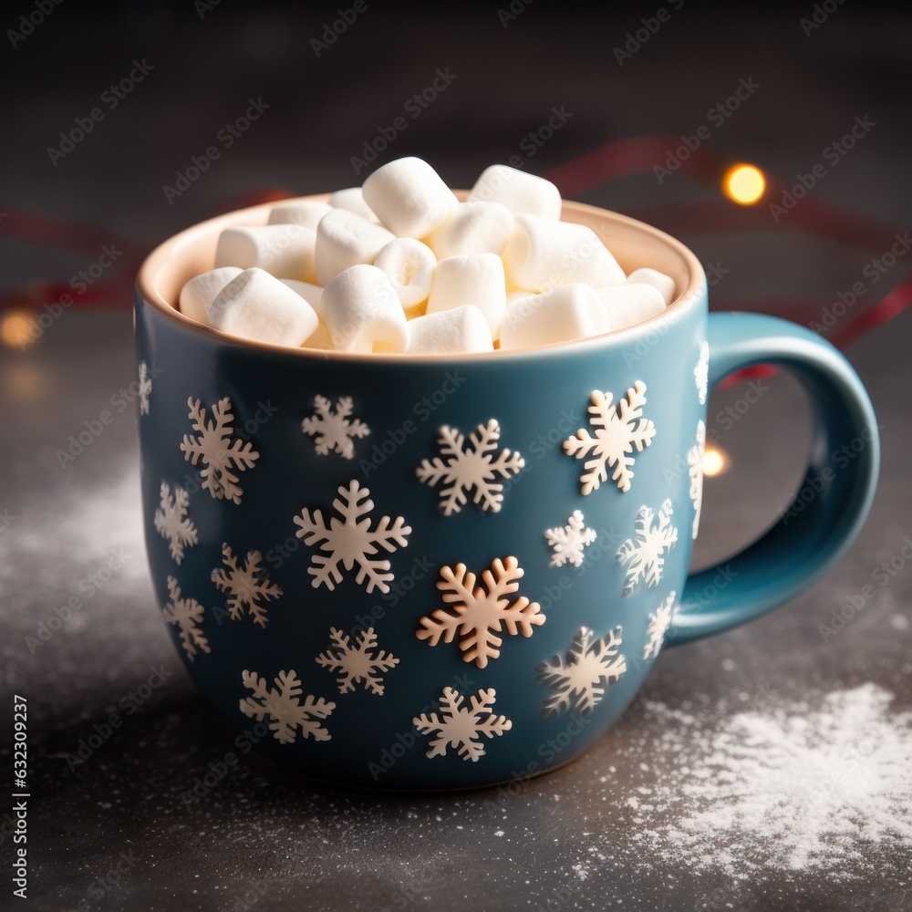 An amazing photo of gourmet hot cocoa in a beautiful Christmas mug