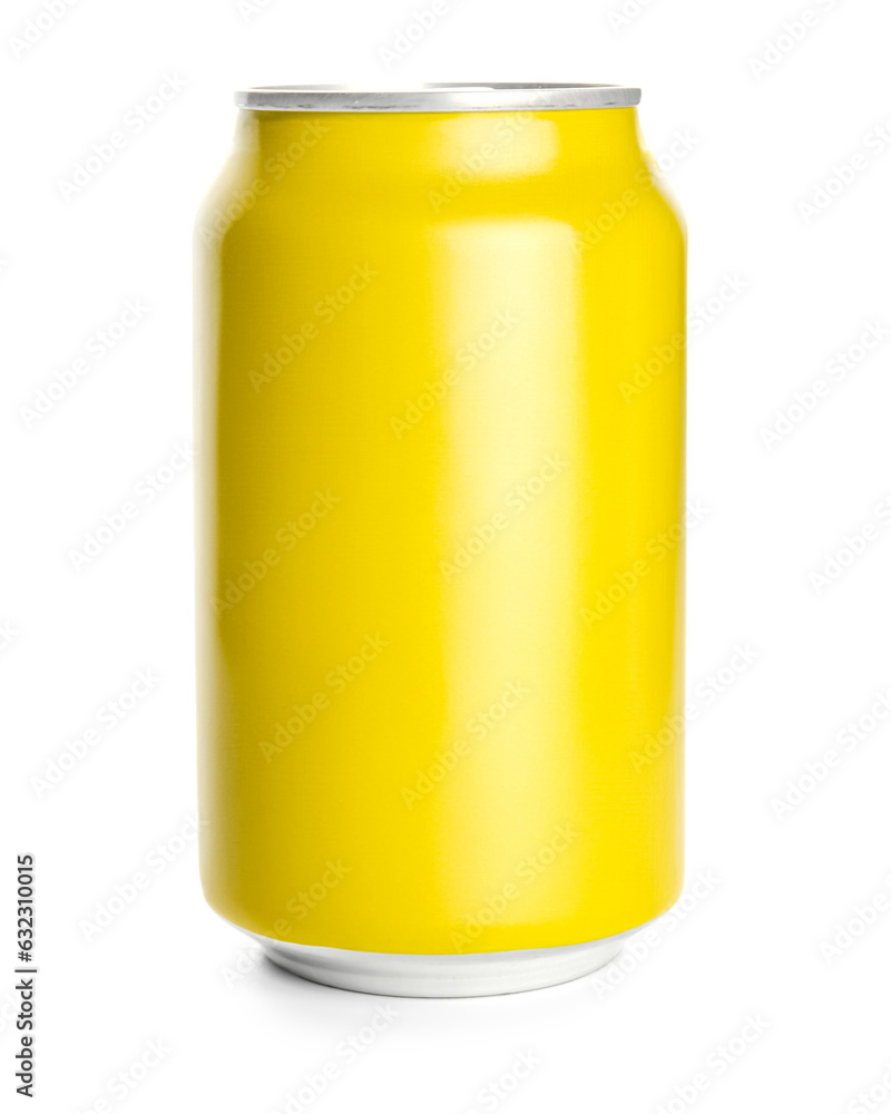 Yellow can of fresh soda on white background