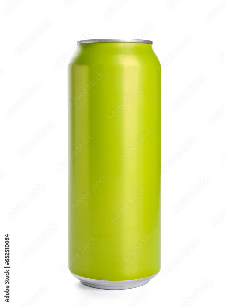 Green can of fresh soda on white background