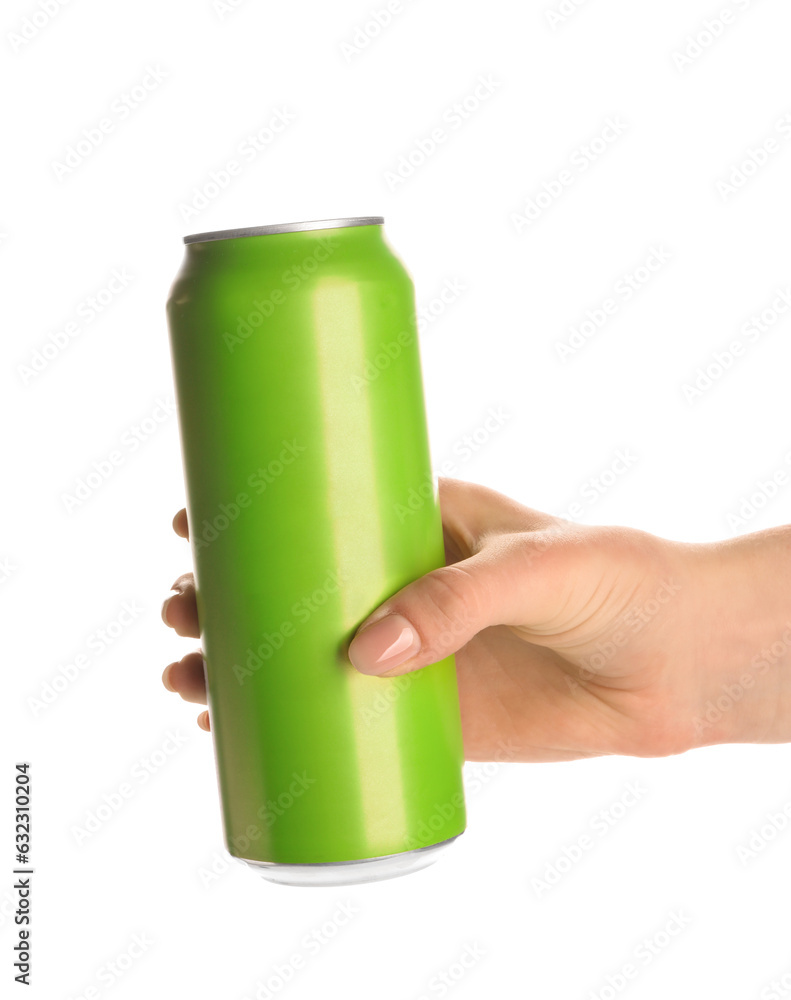 Female hand with can of fresh soda on white background, closeup