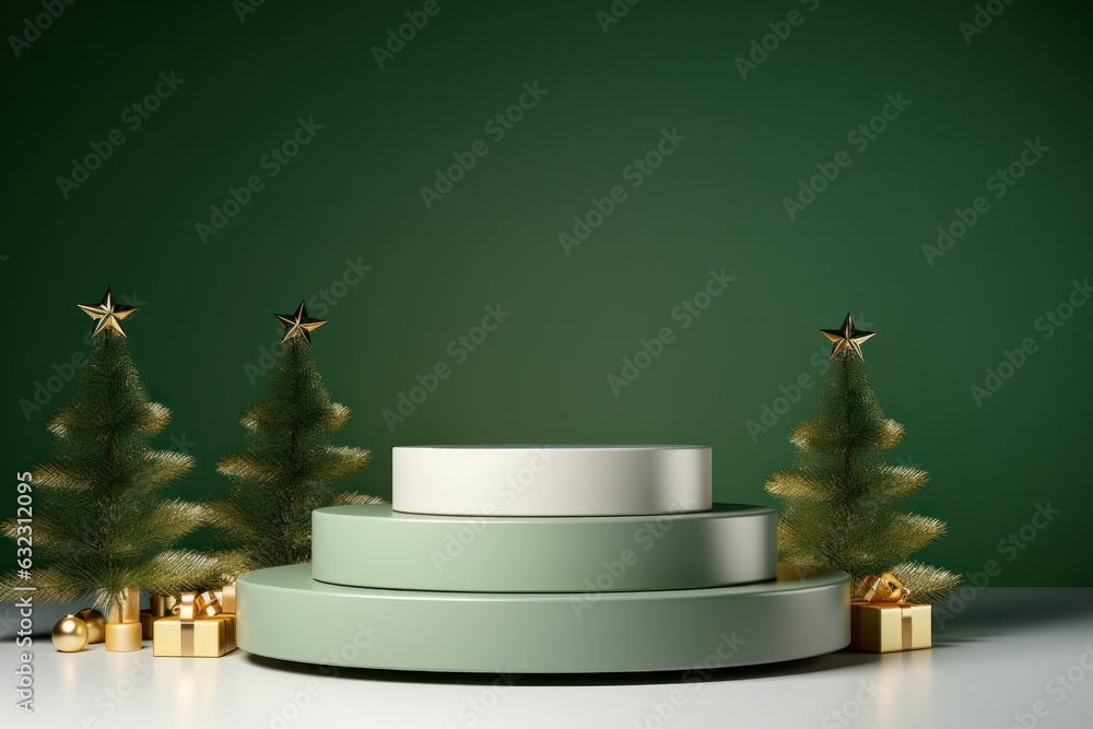 Green Christmas background with podium