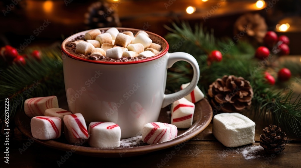 An amazing photo of gourmet hot cocoa in a beautiful Christmas mug