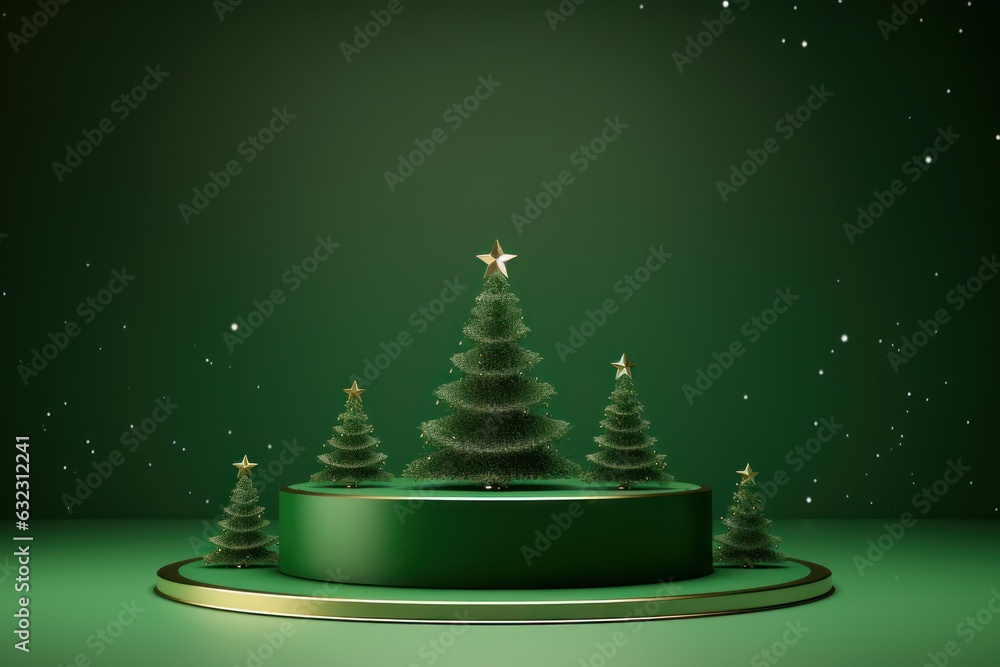 Green Christmas background with podium