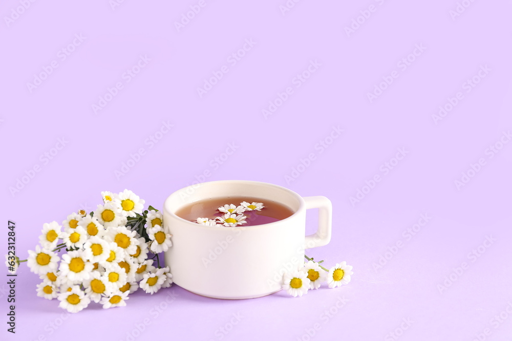 Cup of natural chamomile tea and flowers on lilac background